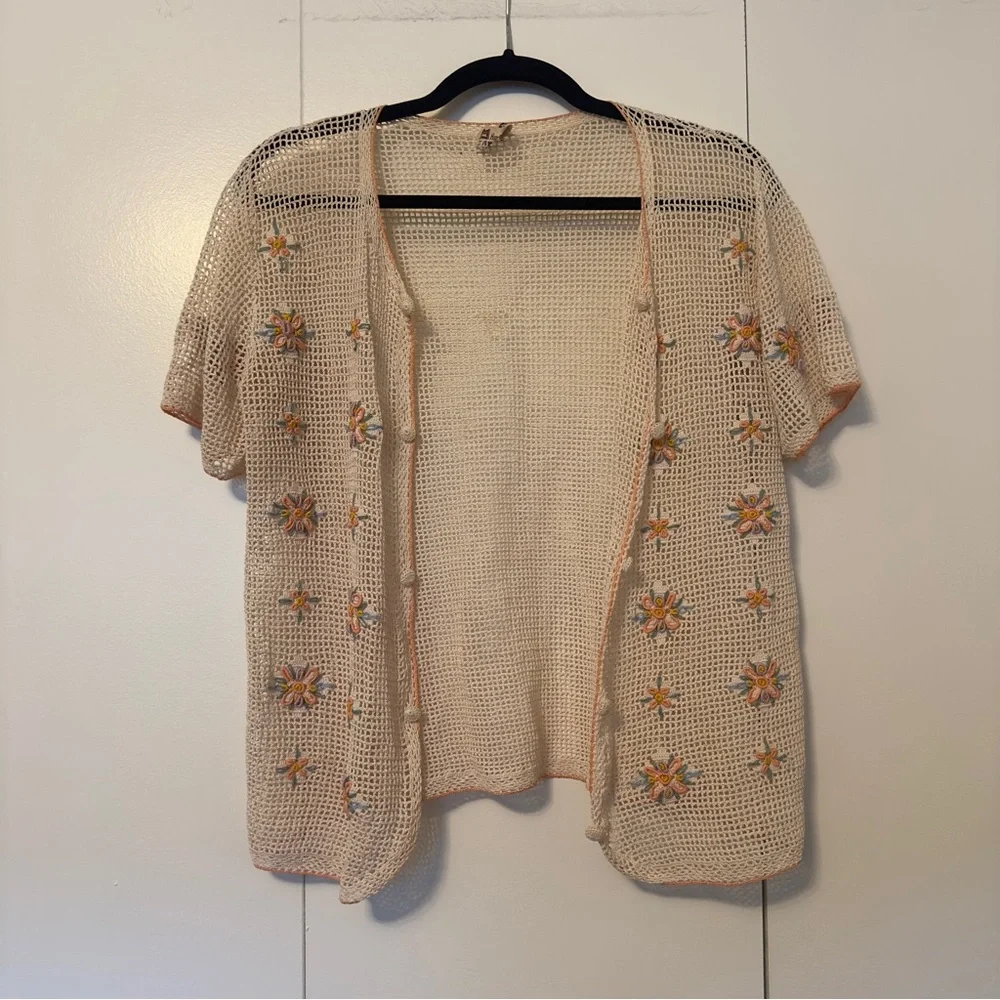 Vintage Hand Crocheted Floral Embroidery Open Cardigan | Cream - Picture 1 of 3